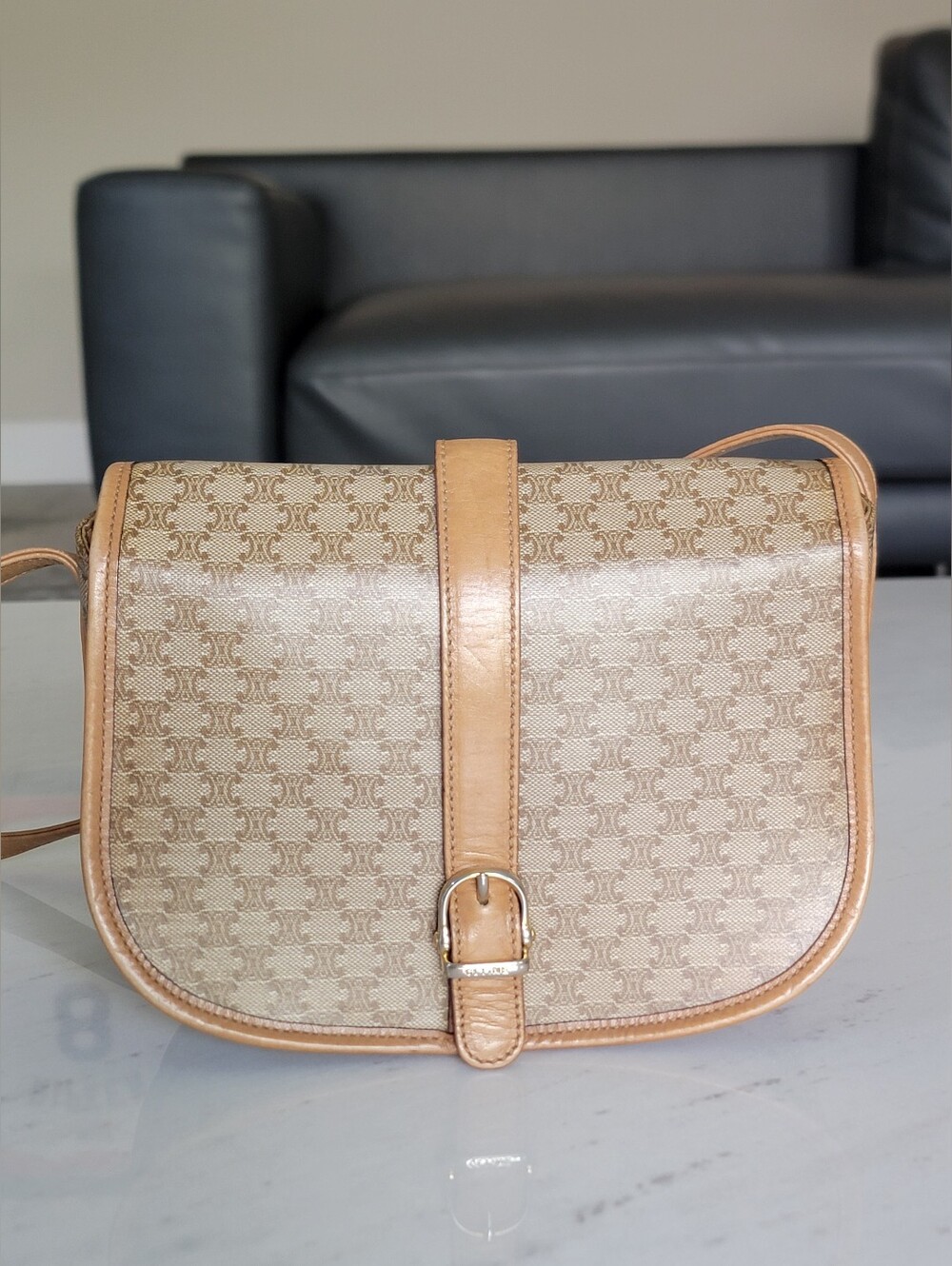 Vintage Celine Macadam Saddle Crossbody Bag Brown Tan Monogram Canvas Italy